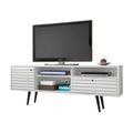 White Mid Century Modern TV Stand with 4 Shelving Spaces & 1 Drawer T5398