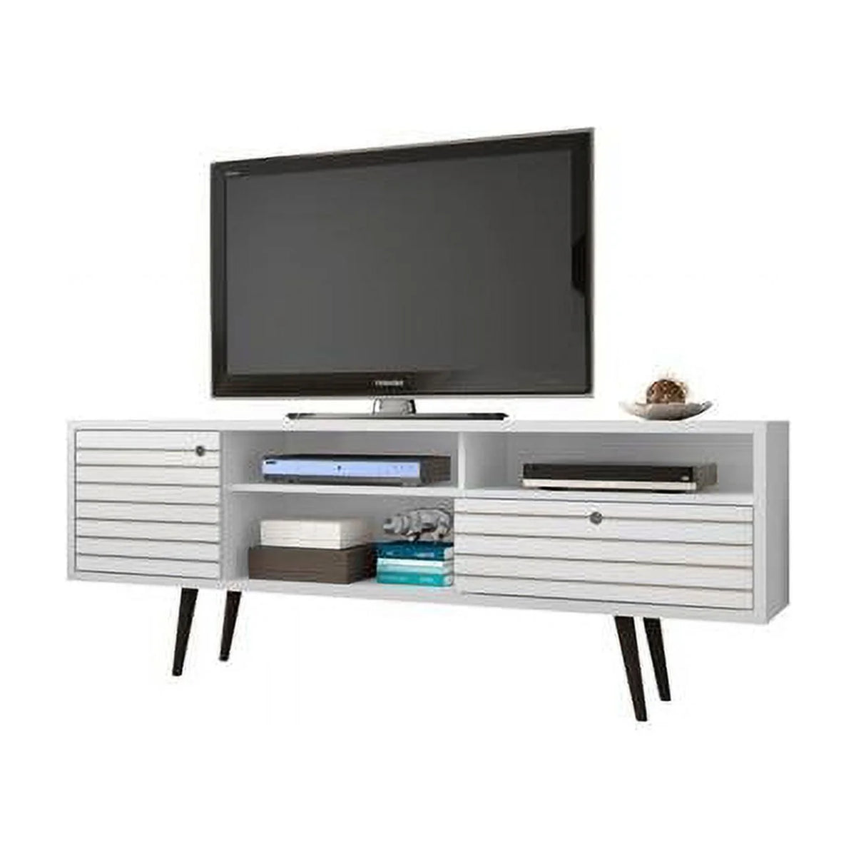 White Mid Century Modern TV Stand with 4 Shelving Spaces & 1 Drawer T5398