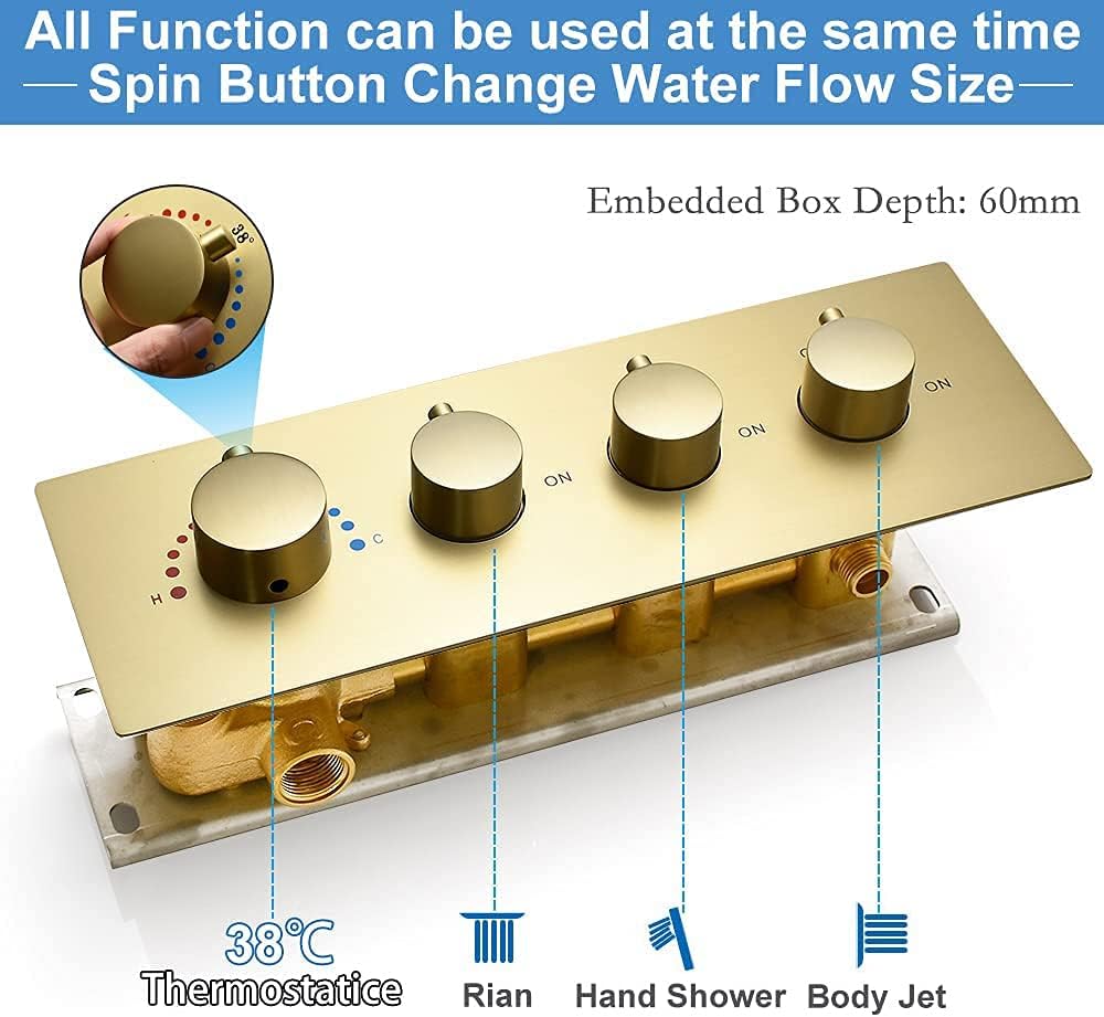 Brushed Gold Wall Mounted 12 Inch LED Rainfall Shower System With 6 PCS Body Jets Q768