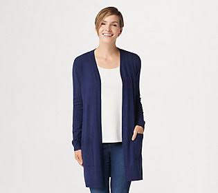 Feather Knit Open Front Long Cardigan, Size Medium, Twilight V278324