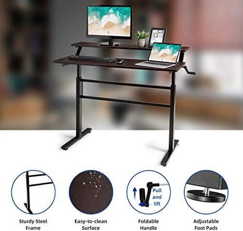 2-Tier Height Adjustable Standing Desk with Monitor Stand (Brown) H486
