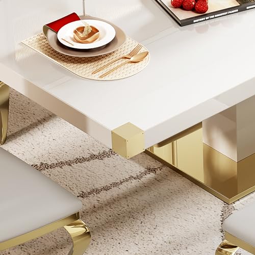 78" Gold Finish MDF Dining Table Set with PU Leather Chairs Y531513