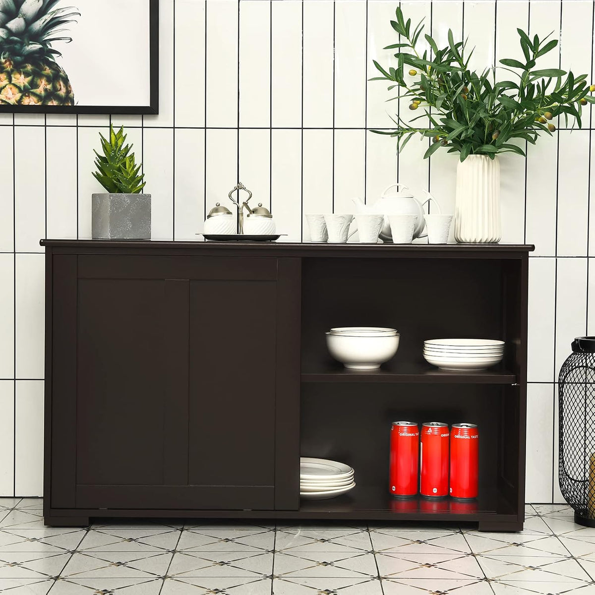 Brown Double-Layer Sliding Slat Door Storage Cabinet G1874
