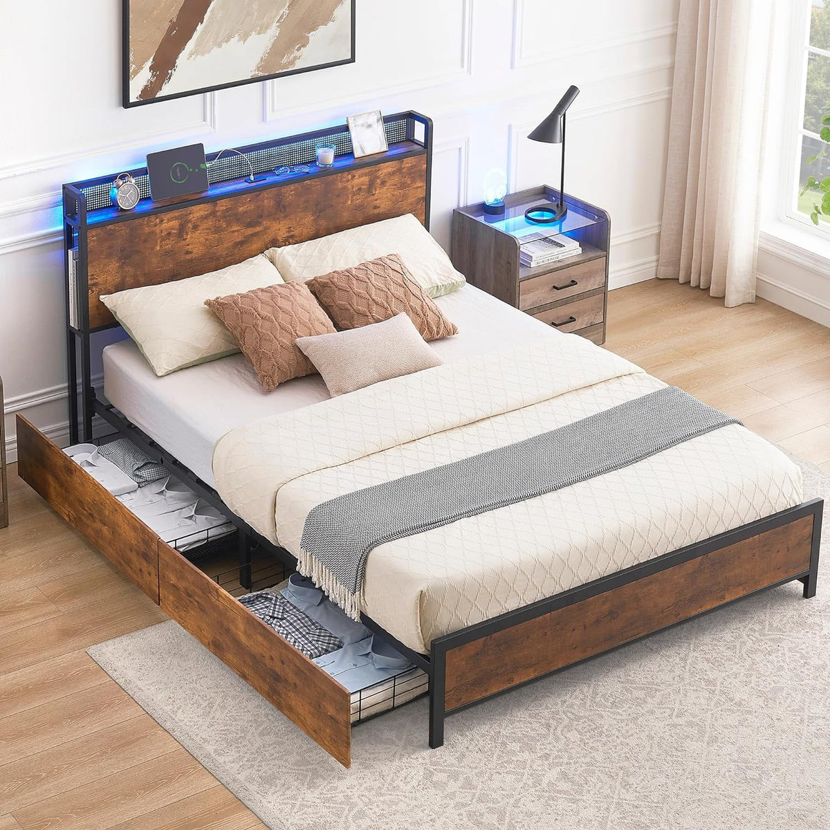 Queen Bed Frame with Storage Drawers and Charging Station D59369