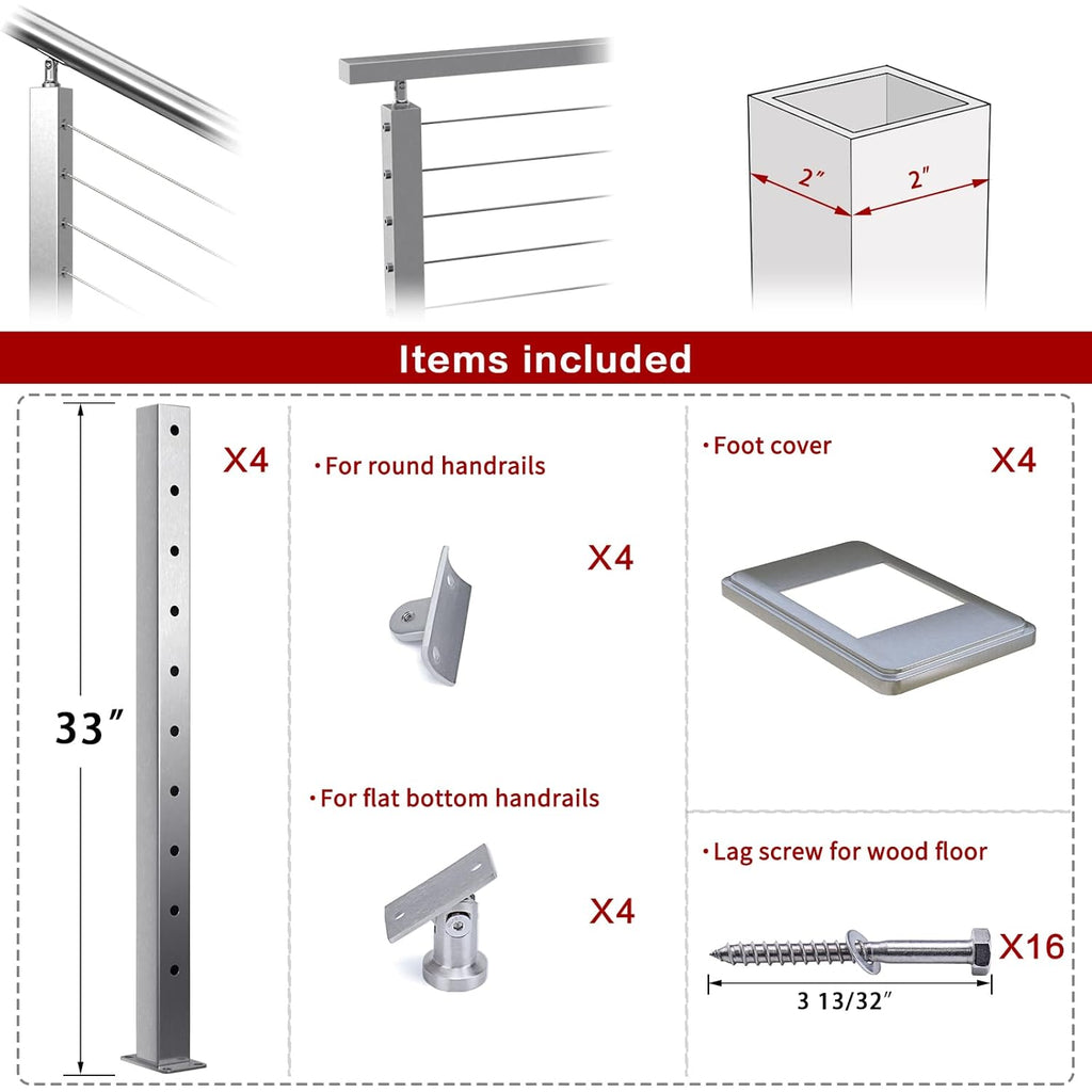 4pack Stainless Steel Brushed Cable Railing Post I20033
