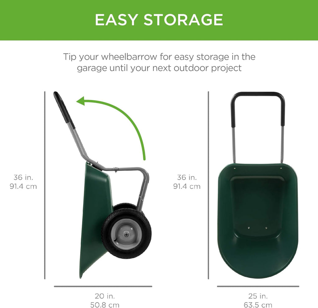 Green Dual-Wheel Utility Wheelbarrow Garden Cart with Built-in Stand L96599