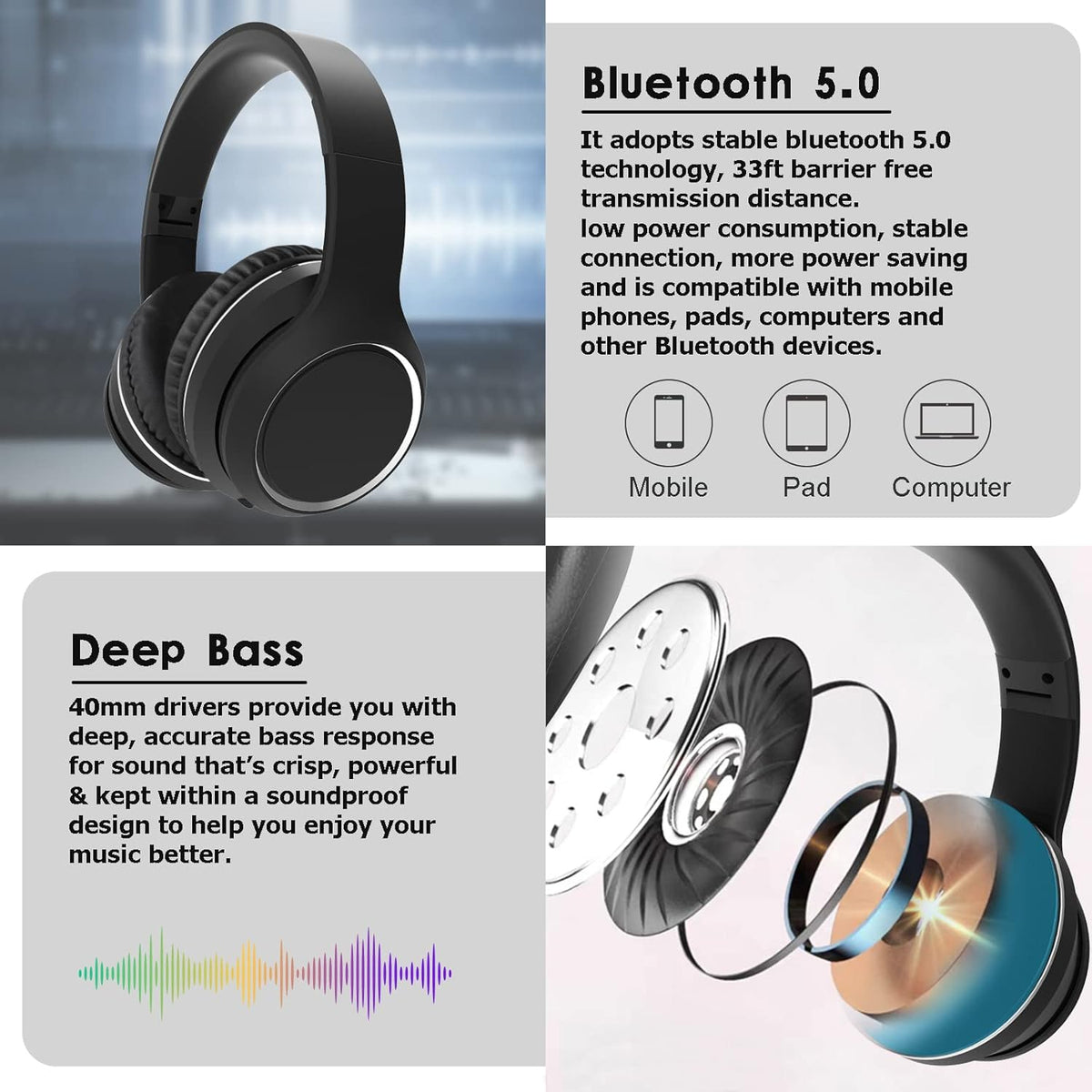 Black Bluetooth Over Ear Headphones with Mic B1849