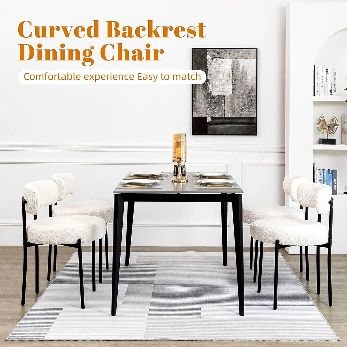 White Boucle Dining Chairs Set of 2 with Black Metal Legs D6547