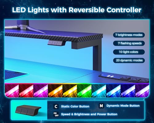 Black L Shaped Gaming Desk with Power Outlet, Height Adjustable Monitor Stand, LED Lights V81468