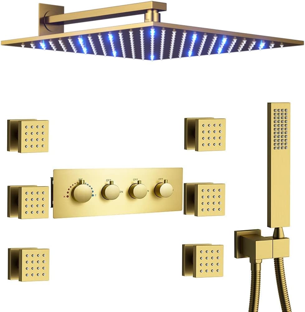 Brushed Gold Wall Mounted 12 Inch LED Rainfall Shower System With 6 PCS Body Jets Q768