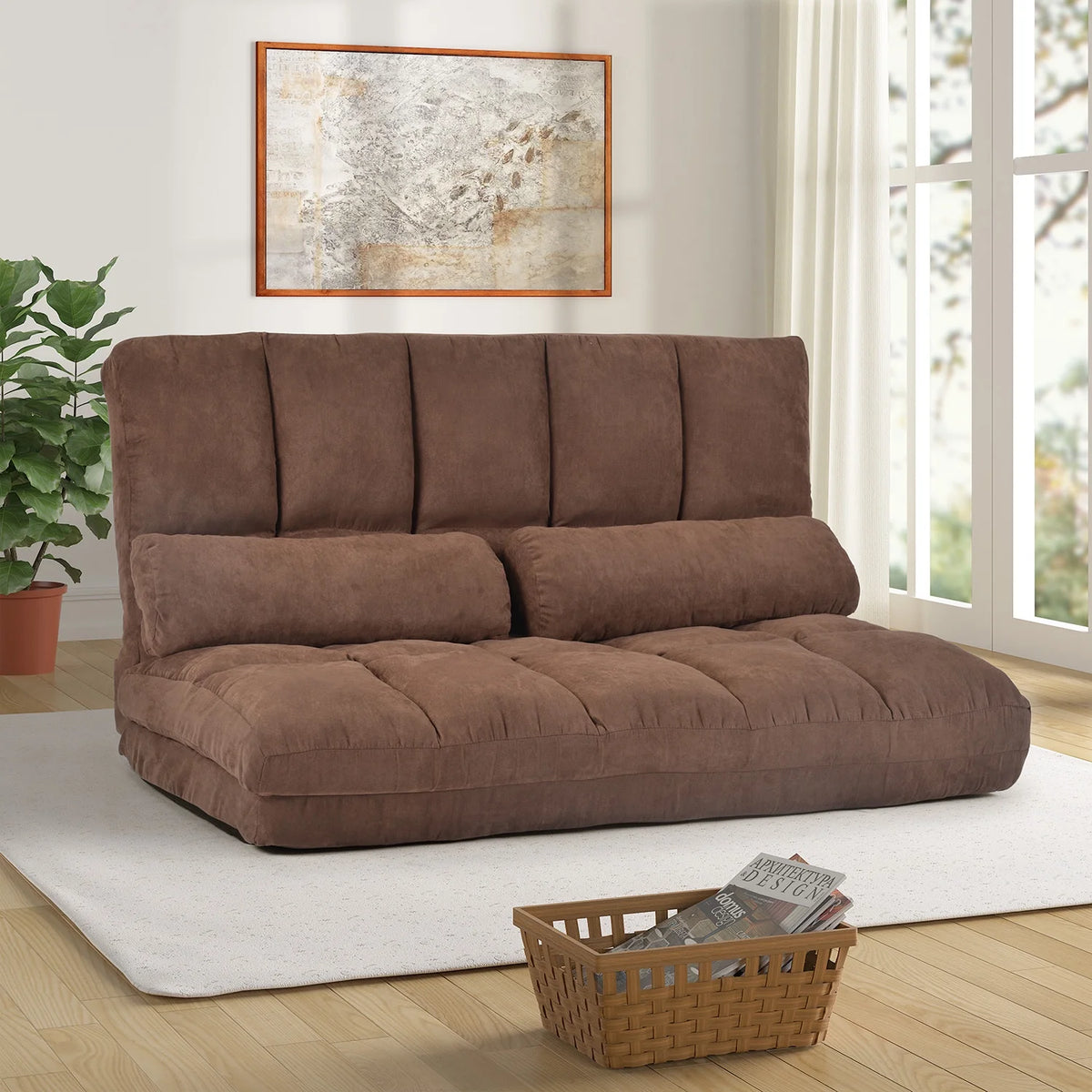 Brown Double Chaise Lounge Sofa with Two Pillows V57897