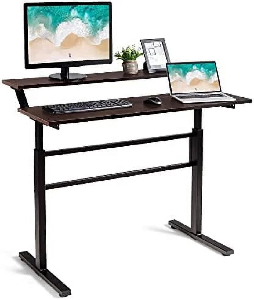 2-Tier Height Adjustable Standing Desk with Monitor Stand (Brown) H486