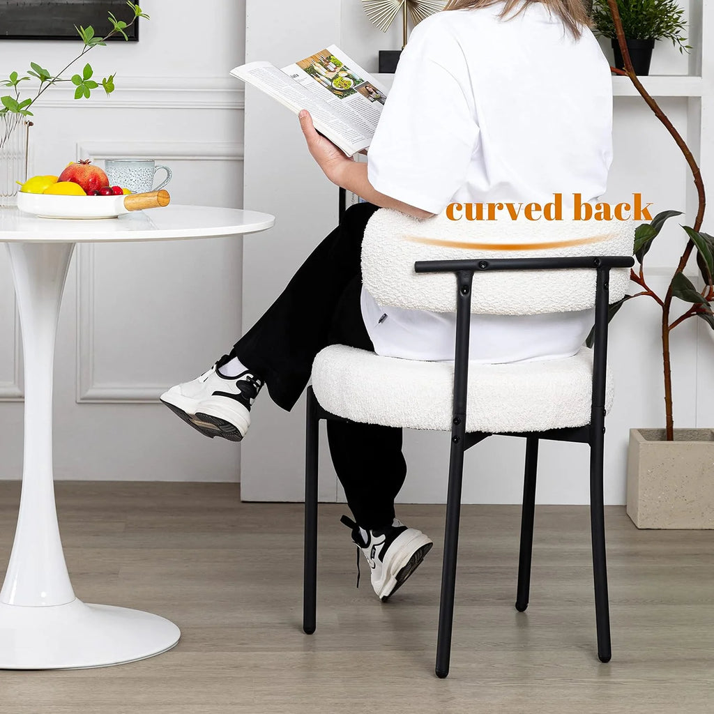 White Boucle Dining Chairs Set of 2 with Black Metal Legs D6547