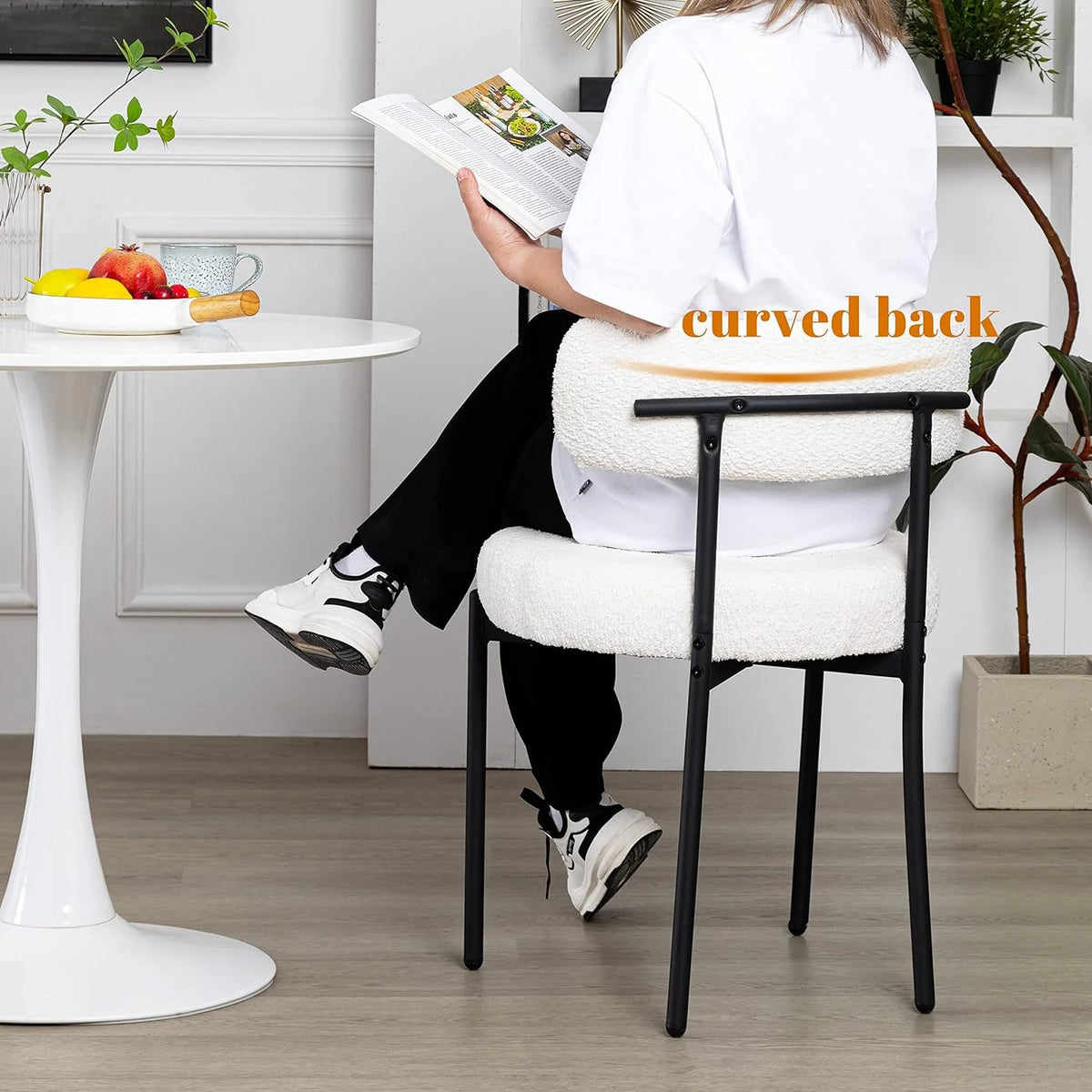 White Boucle Dining Chairs Set of 2 with Black Metal Legs D6547