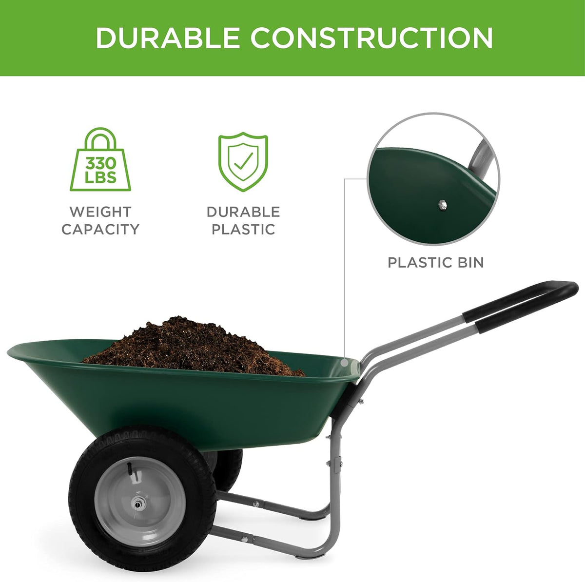 Green Dual-Wheel Utility Wheelbarrow Garden Cart with Built-in Stand L96599