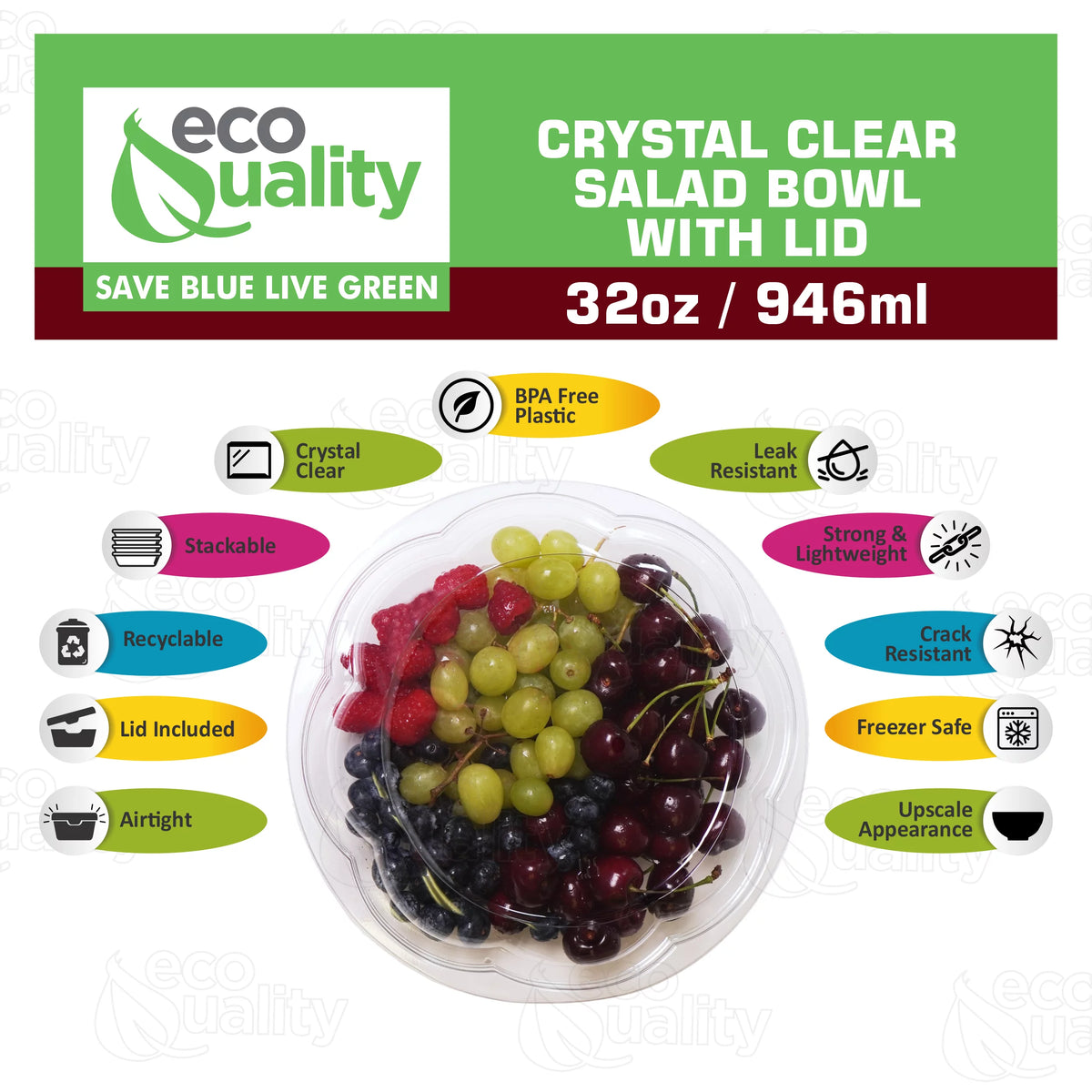 32oz Clear Disposable Salad Bowls with Lids W961
