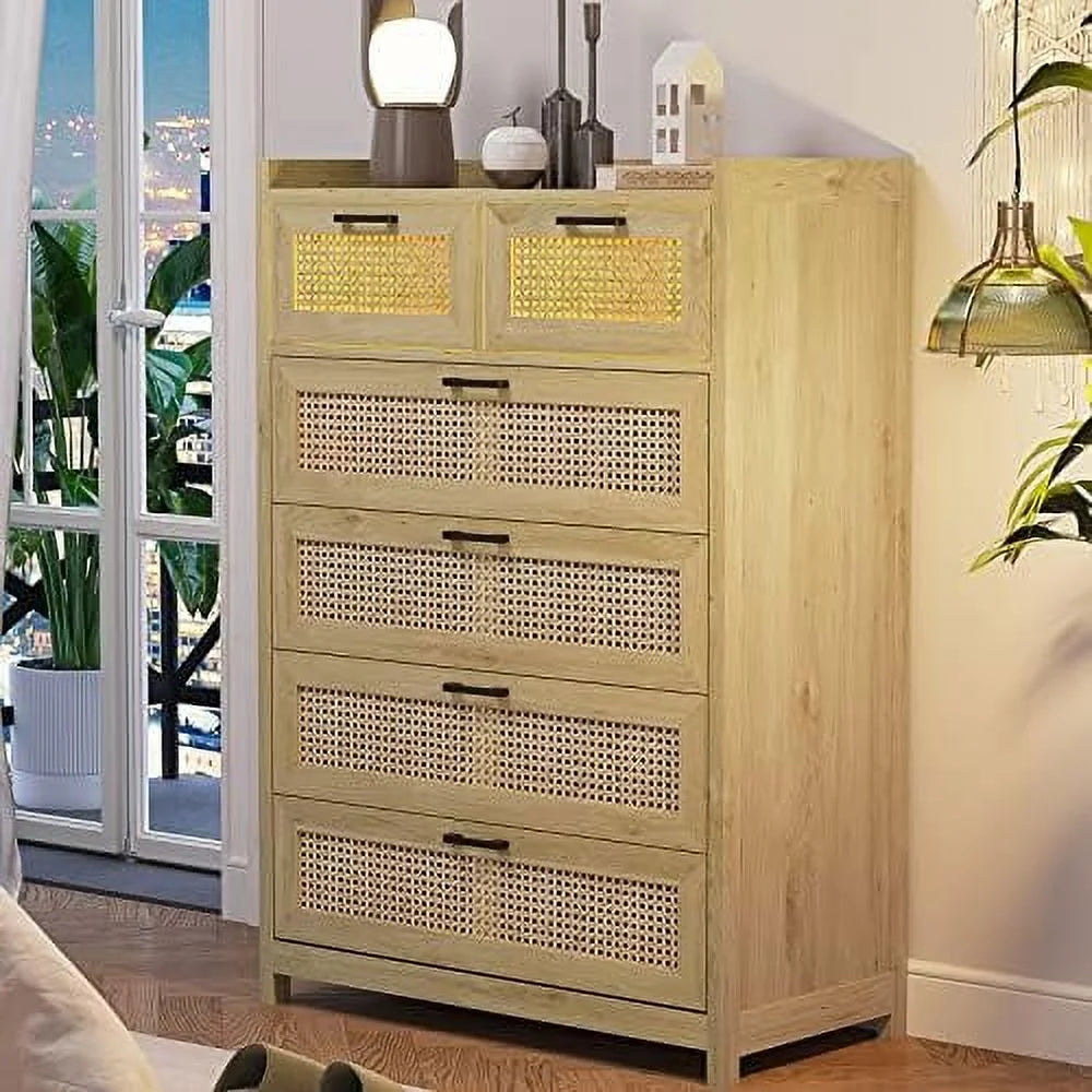 Rattan 6 Drawer Wood Dresser with LED Lights C320