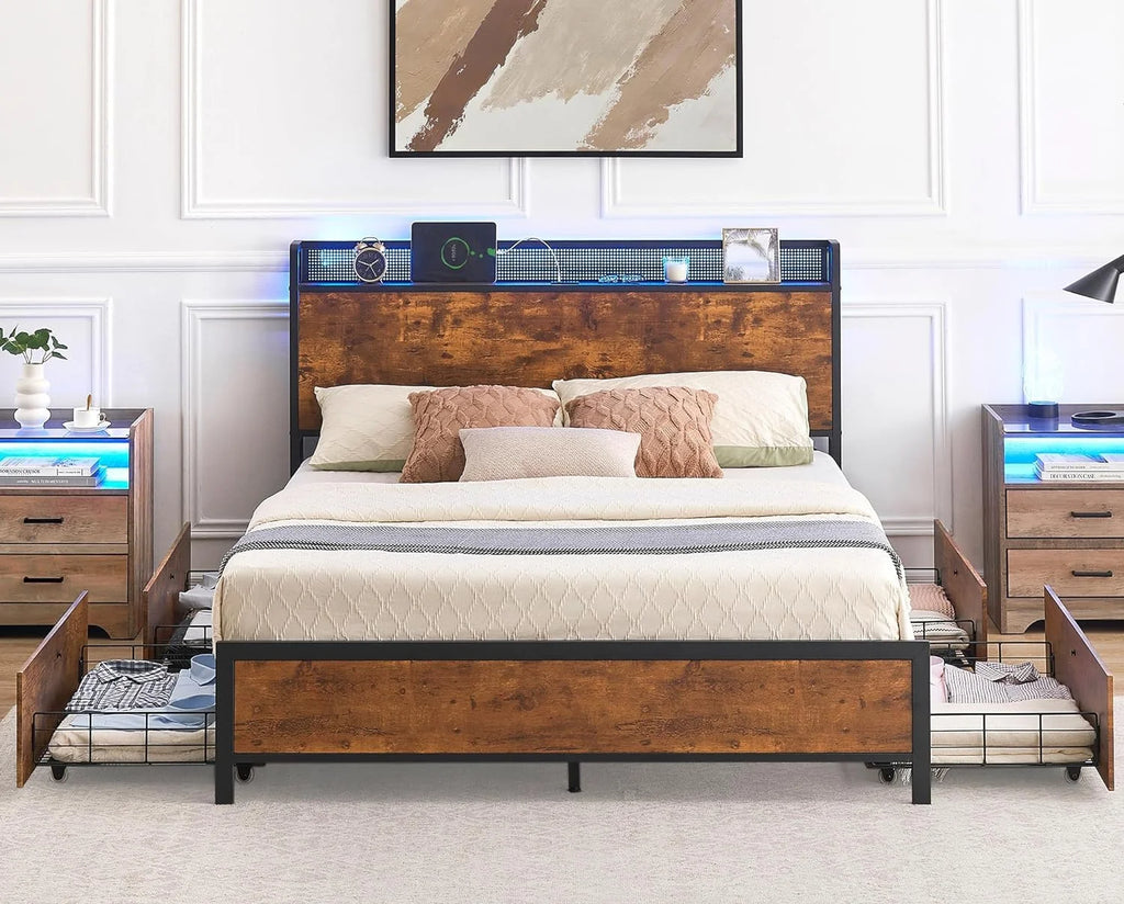Queen Bed Frame with Storage Drawers and Charging Station D59369