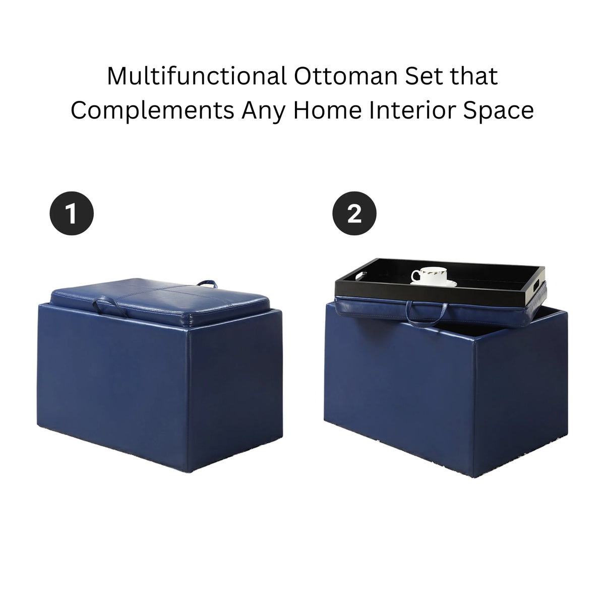 Blue Faux Leather Storage Ottoman with Reversible Tray J575763