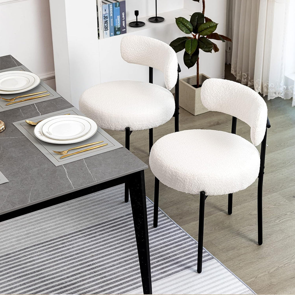 White Boucle Dining Chairs Set of 2 with Black Metal Legs D6547