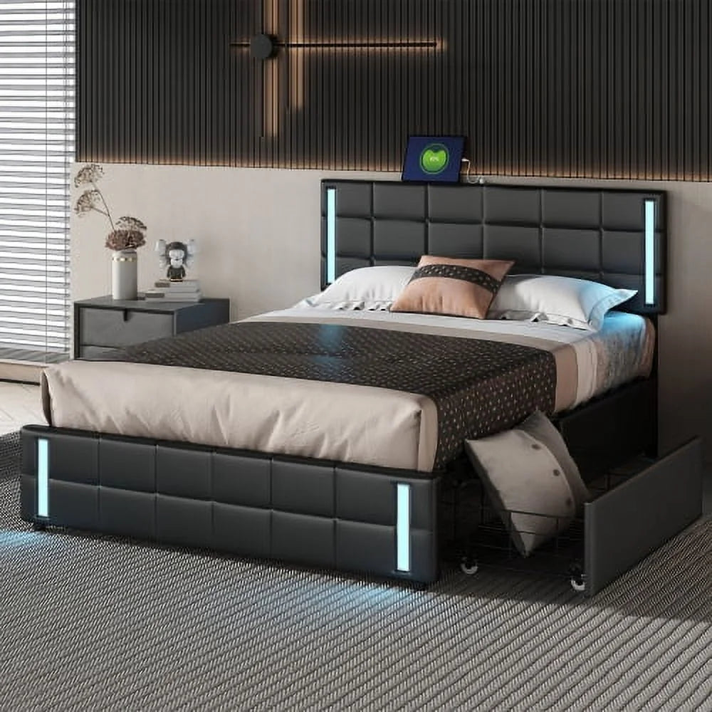 Queen Size Upholstered Platform Bed with LED Lights and USB Charging T1084