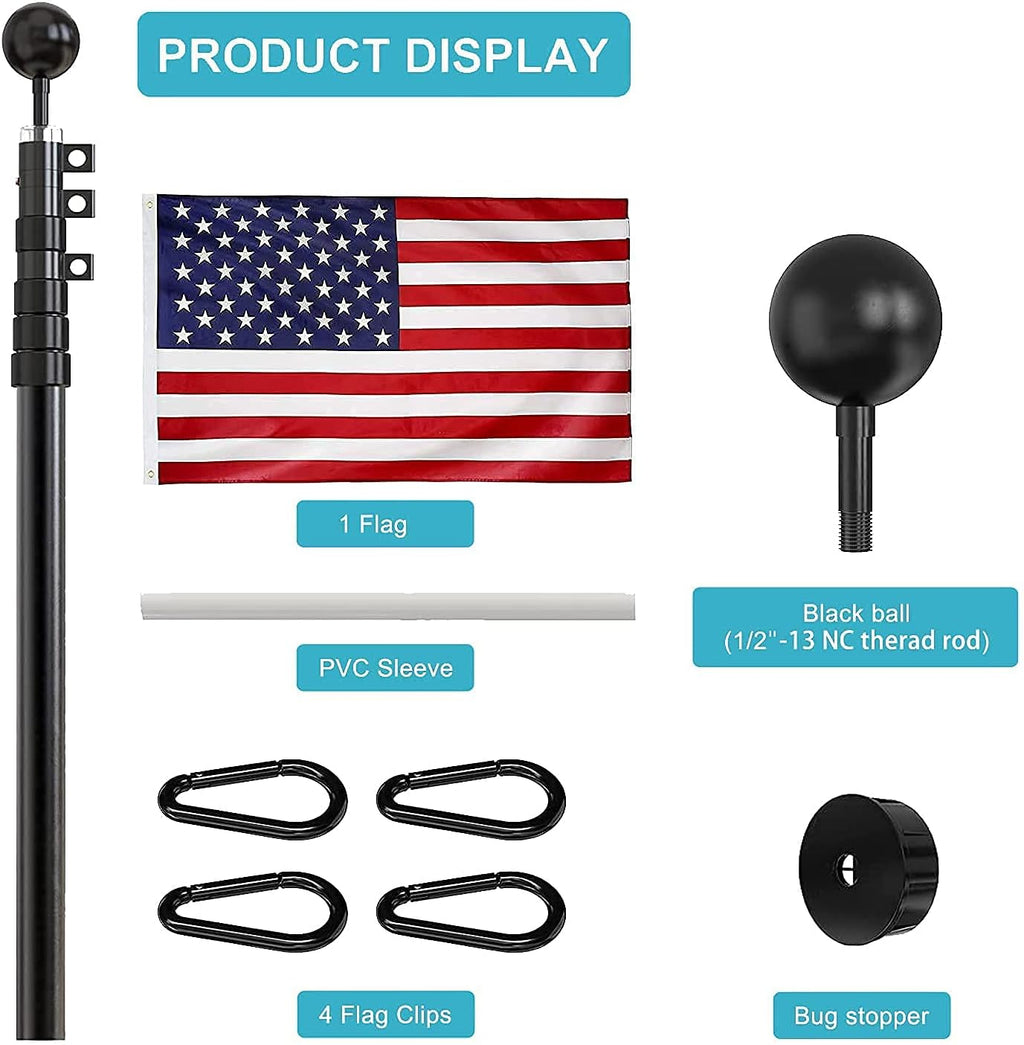 20FT Telescoping Black Flag Pole Kit with 3x5 American Flag O9717