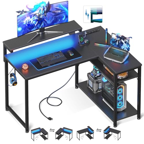 Black L Shaped Gaming Desk with Power Outlet, Height Adjustable Monitor Stand, LED Lights V81468