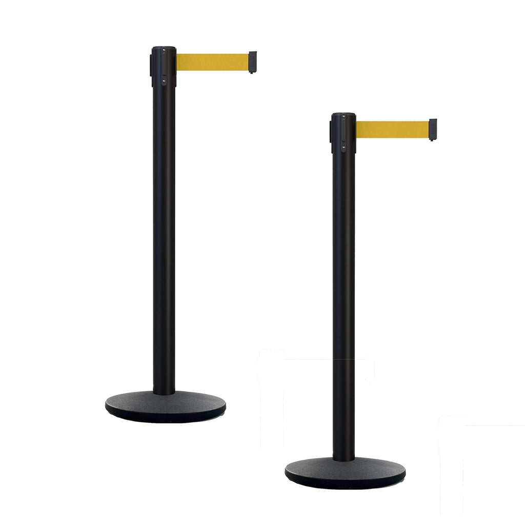 Set of 2 Retractable Belt Barrier Stanchion, Cast Iron Base Yellow Post R2682