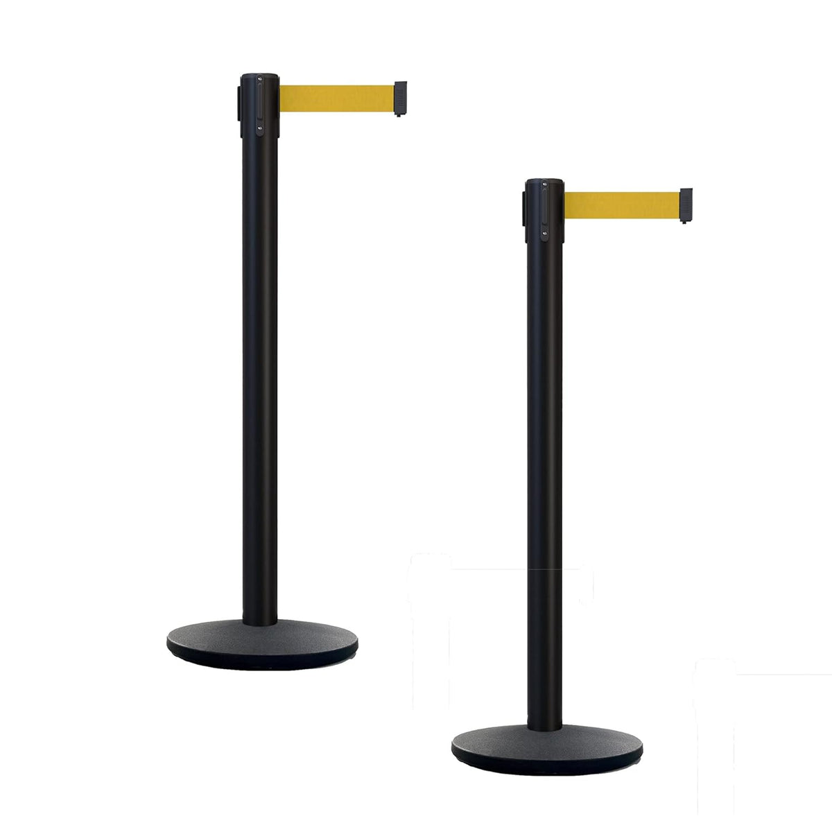 Set of 2 Retractable Belt Barrier Stanchion, Cast Iron Base Yellow Post R2682
