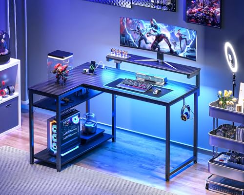 Black L Shaped Gaming Desk with Power Outlet, Height Adjustable Monitor Stand, LED Lights V81468