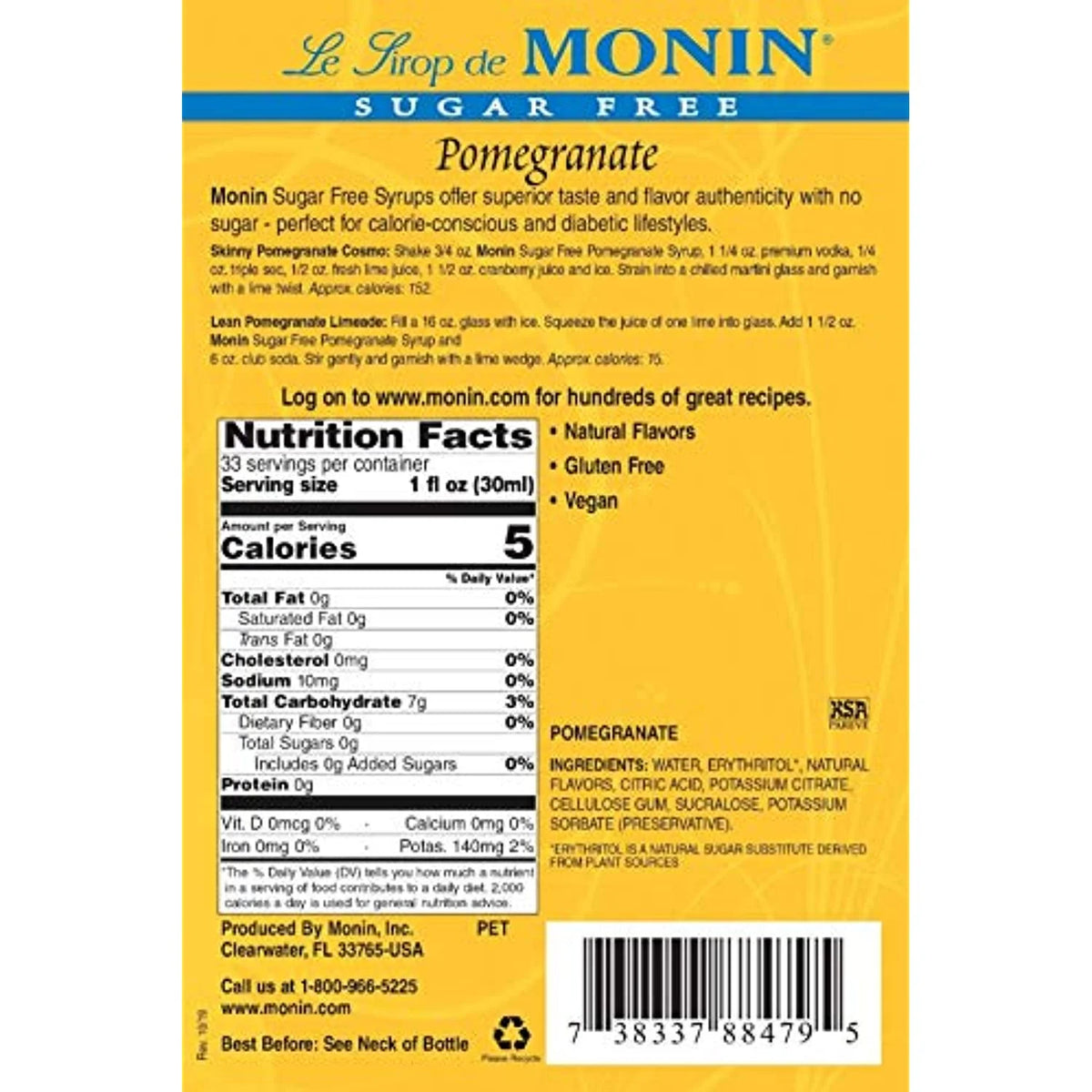 Monin Sugar Free Pomegranate Syrup, 33.8-Ounce Plastic Bottle O992297