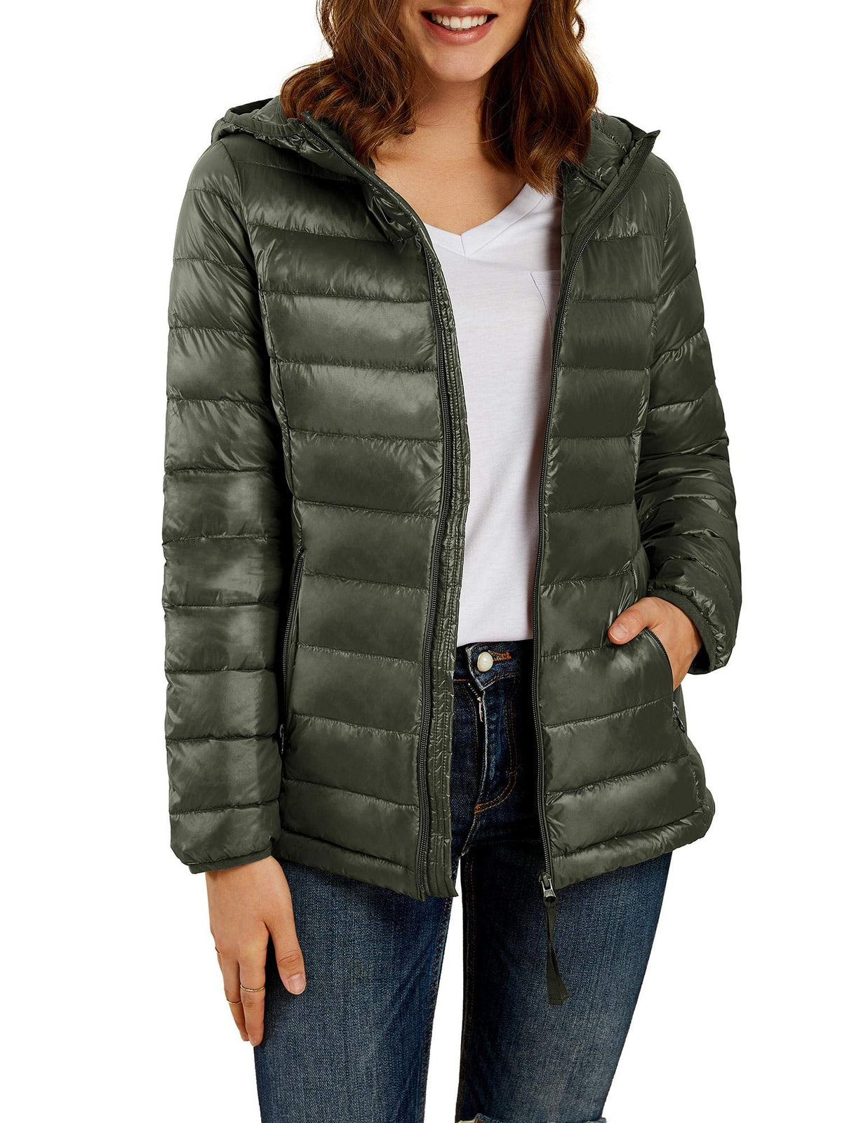 Women Short Down Jackets Packable Lightweight Hooded Puffer Coats with Pockets S-2XL R794245