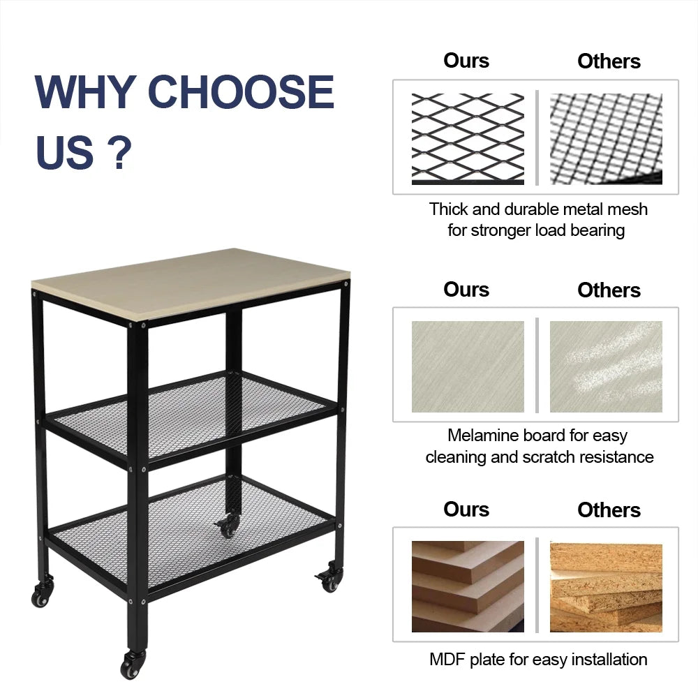 White 3-Tier Metal Rolling Kitchen Cart C836