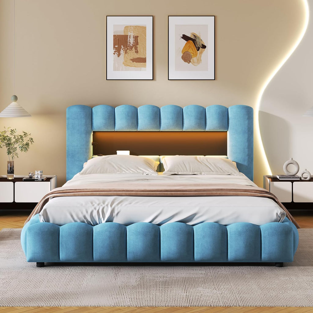 Queen Size Upholstered Storage Bed Frame with LED Headboard S53155
