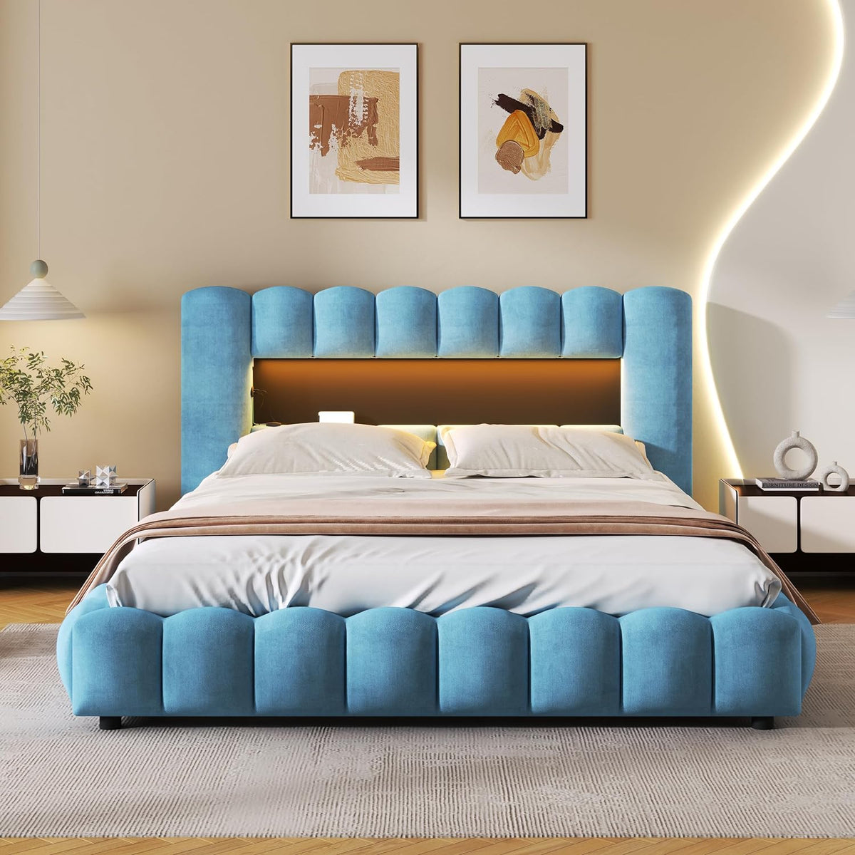 Queen Size Upholstered Storage Bed Frame with LED Headboard S53155