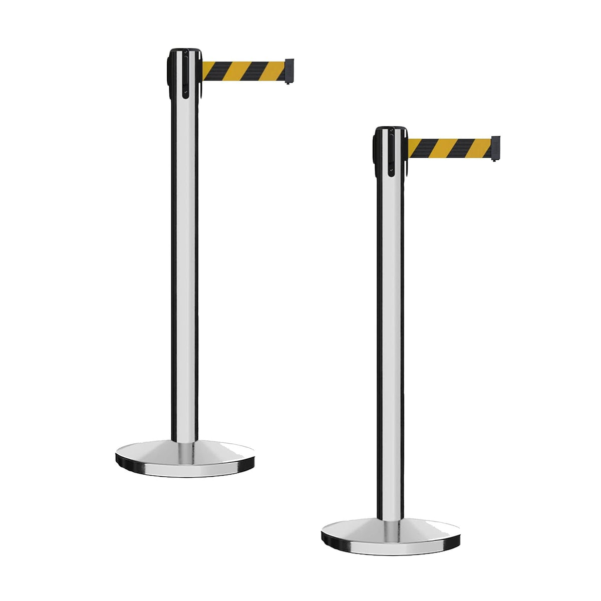 Set of 2 Retractable Belt Barrier Stanchion, Cast Iron Base Yellow Post R2682