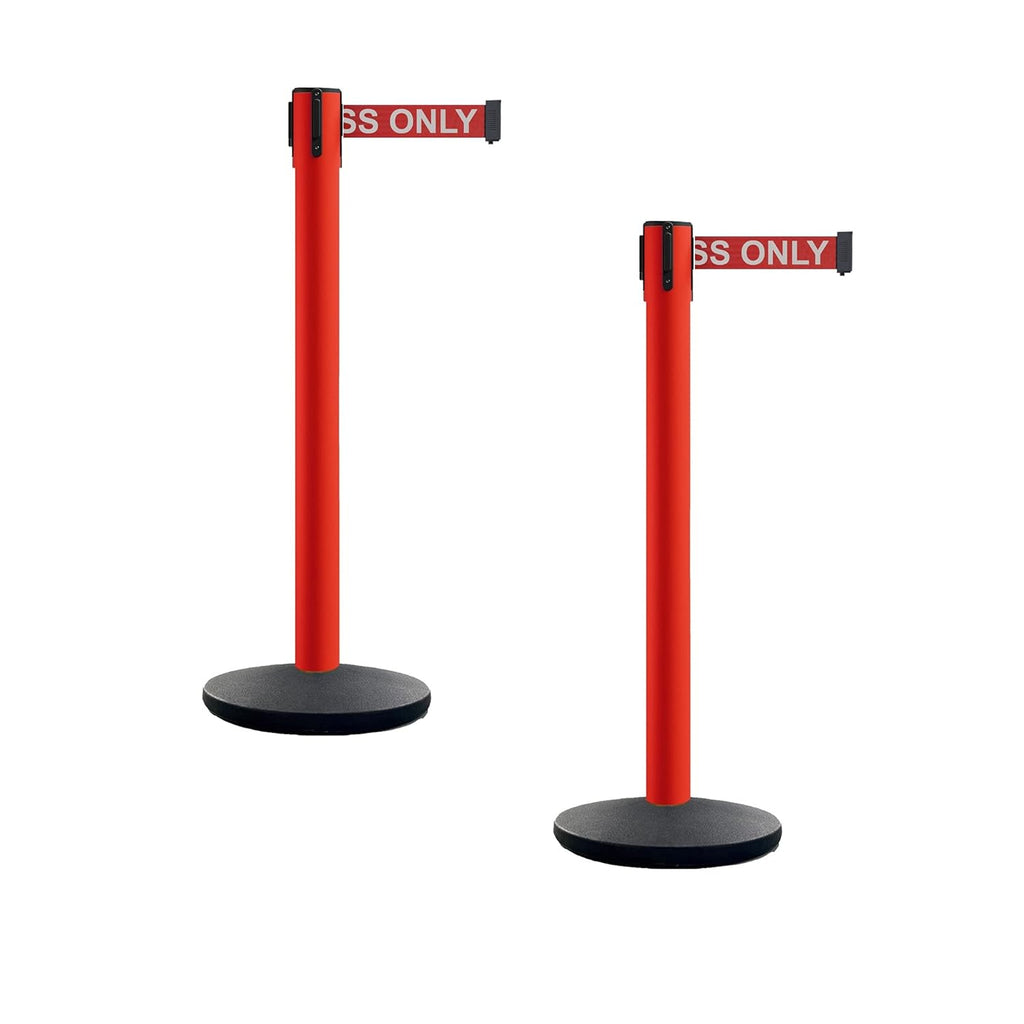 Set of 2 Retractable Belt Barrier Stanchion, Cast Iron Base Yellow Post R2682