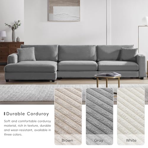 Beige Oversized Corduroy L Shaped Sectional Sofa with USB Charging Port and Cup Holder Q7186