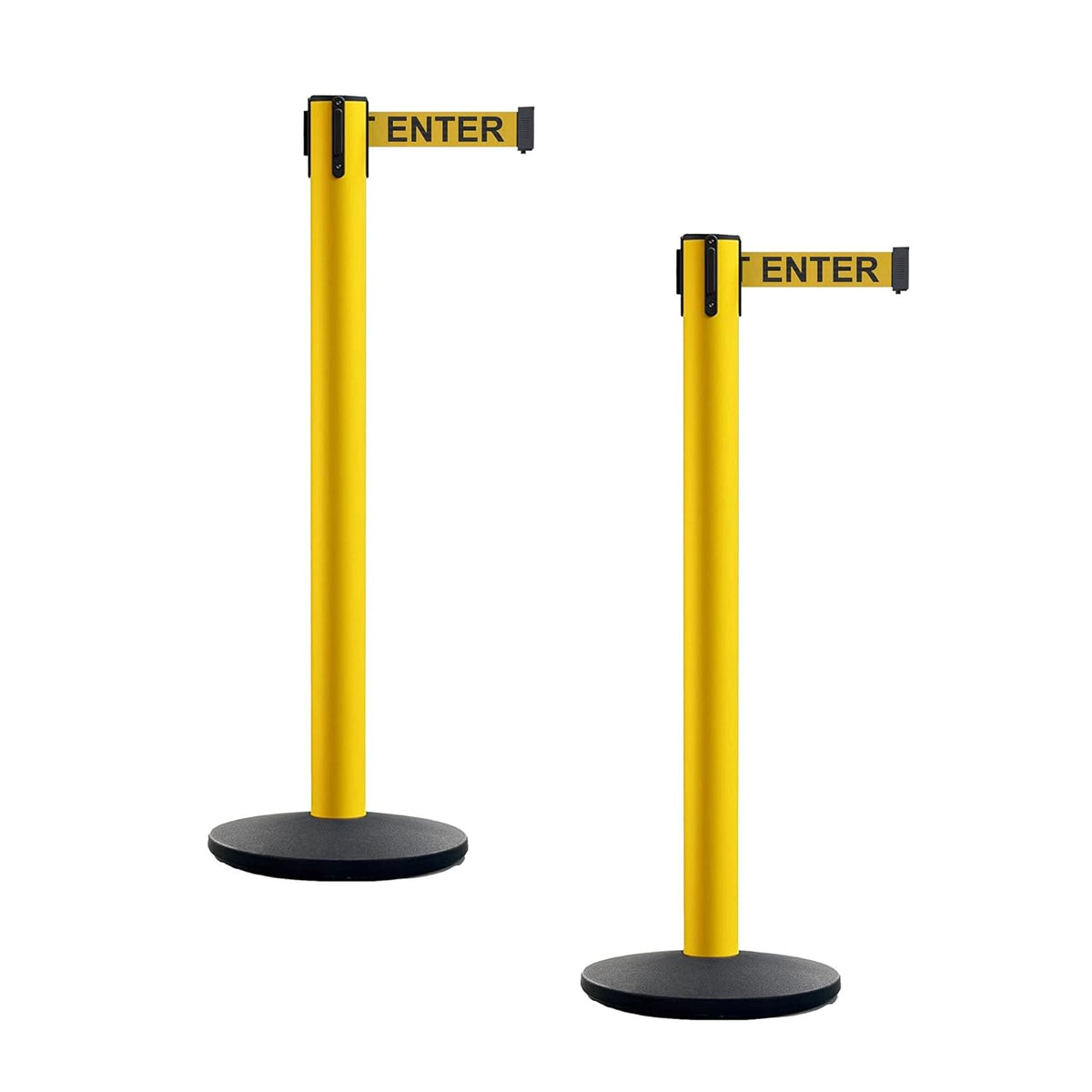 Set of 2 Retractable Belt Barrier Stanchion, Cast Iron Base Yellow Post R2682
