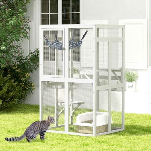 White Wooden Cat Enclosure with 3 Platforms L658115