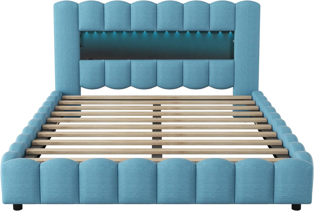 Queen Size Upholstered Storage Bed Frame with LED Headboard S53155