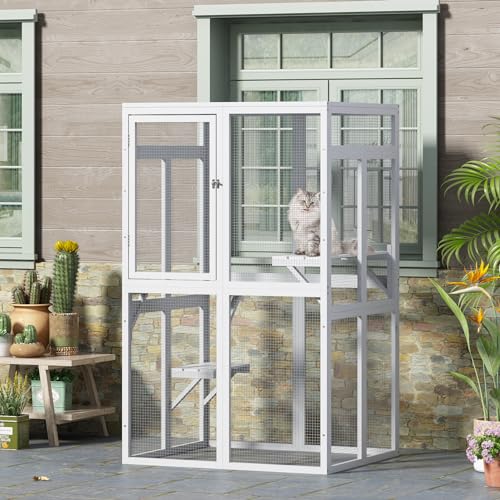 White Wooden Cat Enclosure with 3 Platforms L658115