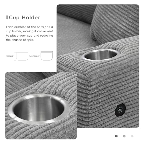 Beige Oversized Corduroy L Shaped Sectional Sofa with USB Charging Port and Cup Holder Q7186