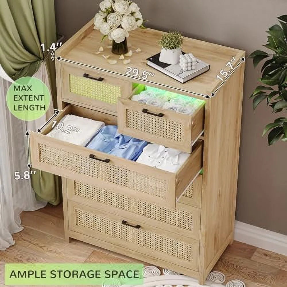 Rattan 6 Drawer Wood Dresser with LED Lights C320