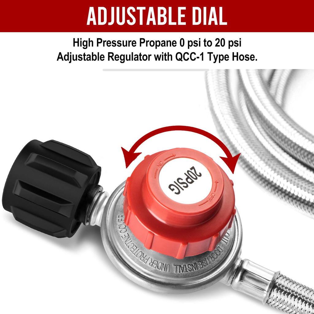4FT Stainless Steel Braided Propane Gas Hose with Adjustable High Pressure Regulator X819