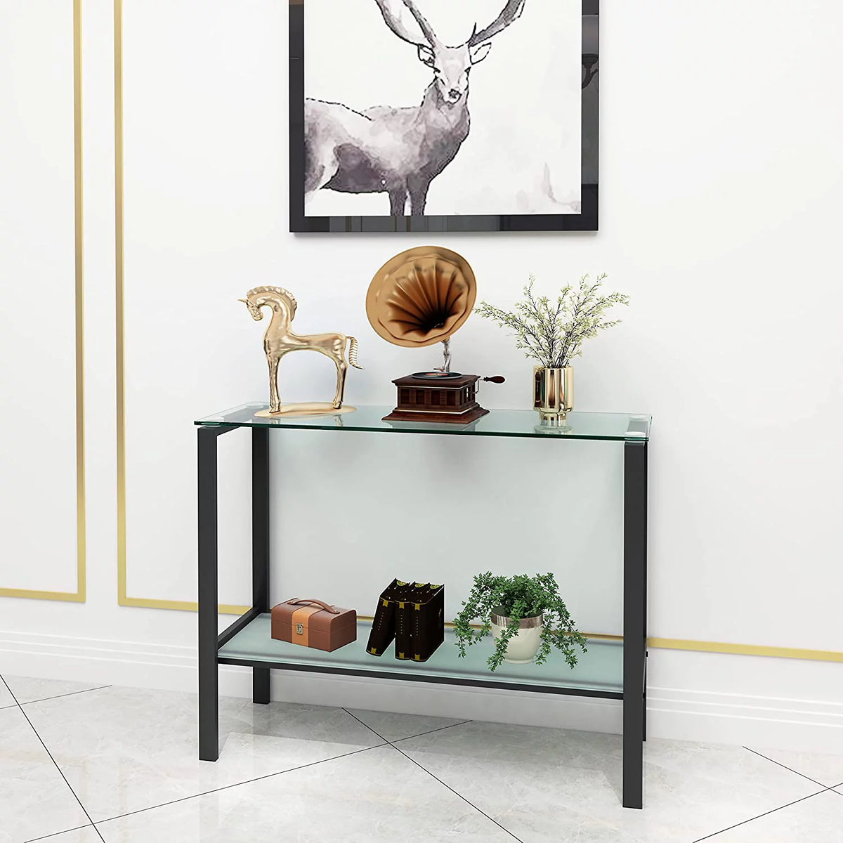 39.37" Black Console Table with 2 Shelves Tempered Glass Metal Frame H196508