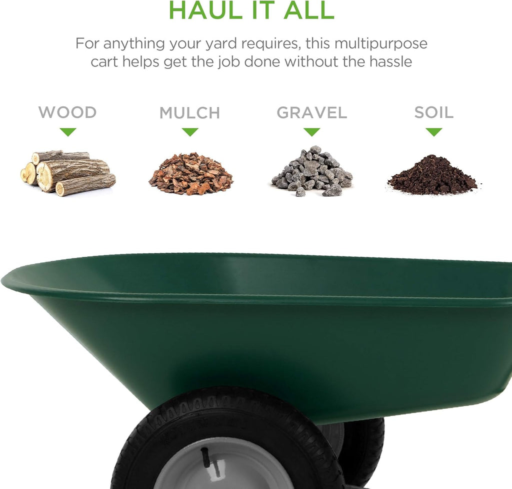 Green Dual-Wheel Utility Wheelbarrow Garden Cart with Built-in Stand L96599