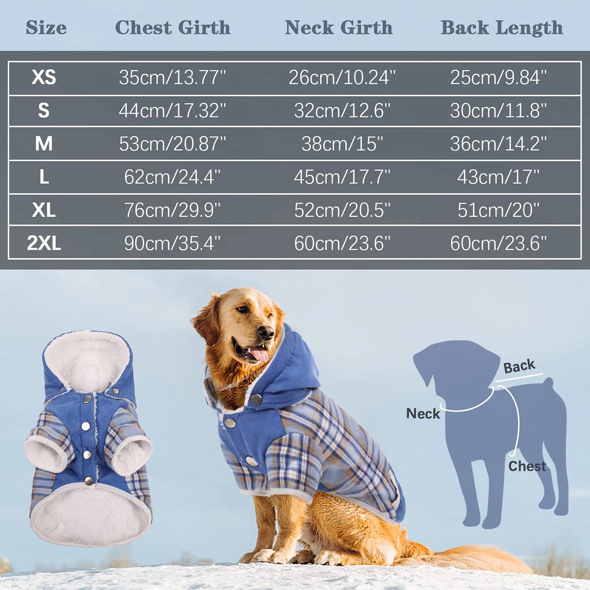 Plaid Dog Winter Coat with Hood Fleece Lining S52825