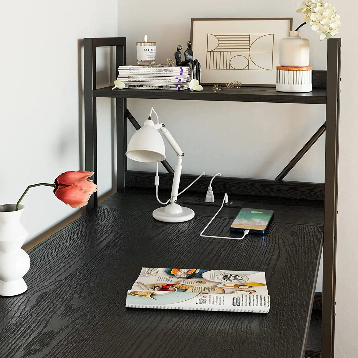 55" Computer Desk with Power Outlet and Storage Shelves W244