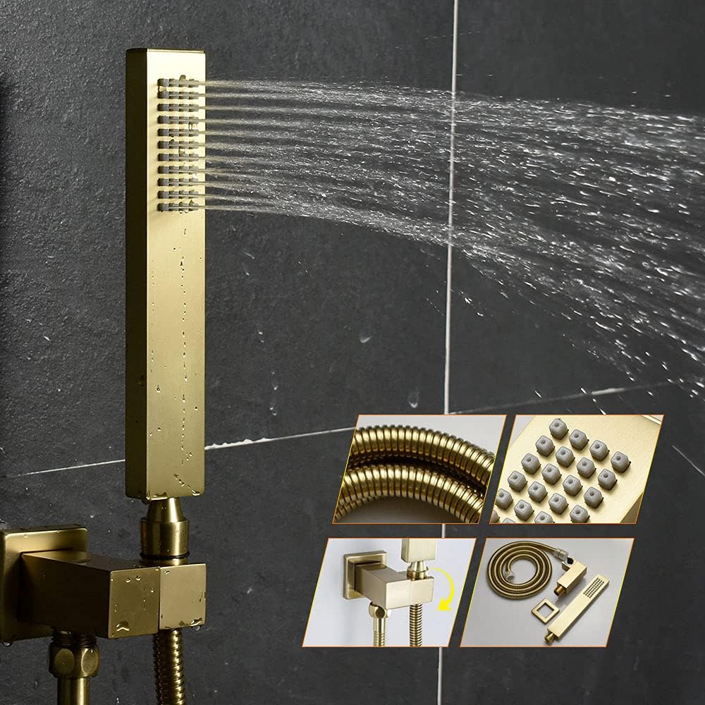 Brushed Gold Wall Mounted 12 Inch LED Rainfall Shower System With 6 PCS Body Jets Q768